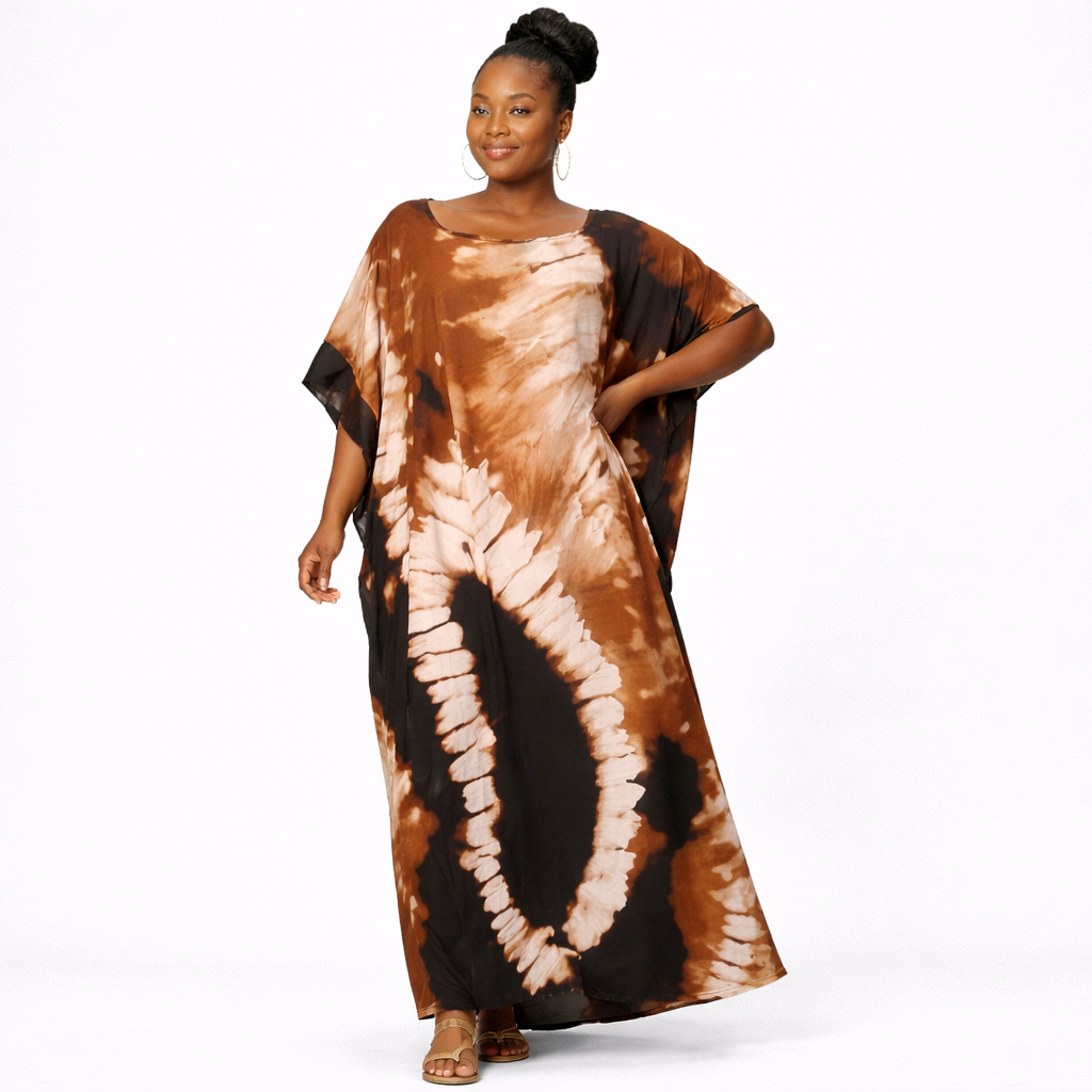 Brown and Black Tie Dye Long Kaftan Gown